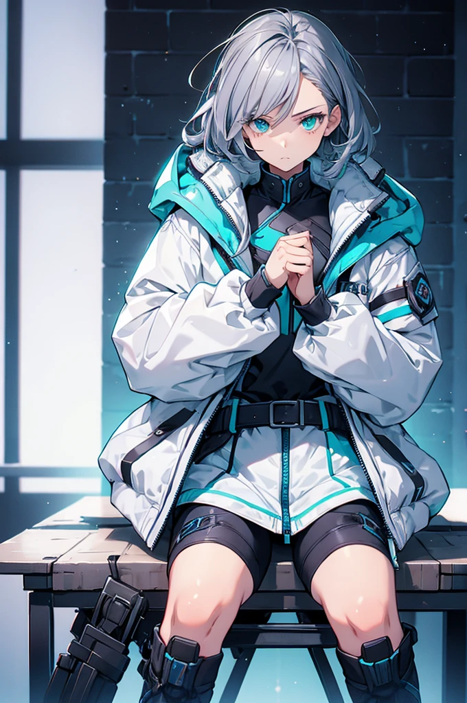 (Tabletop:1.2, Highest quality),  [One Girl, Expressionless, Turquoise Eyes, Gray Hair, Half Shortcut,White jacket,The jacket comes off, Leaning forward with hands on knees ,Upper Body]