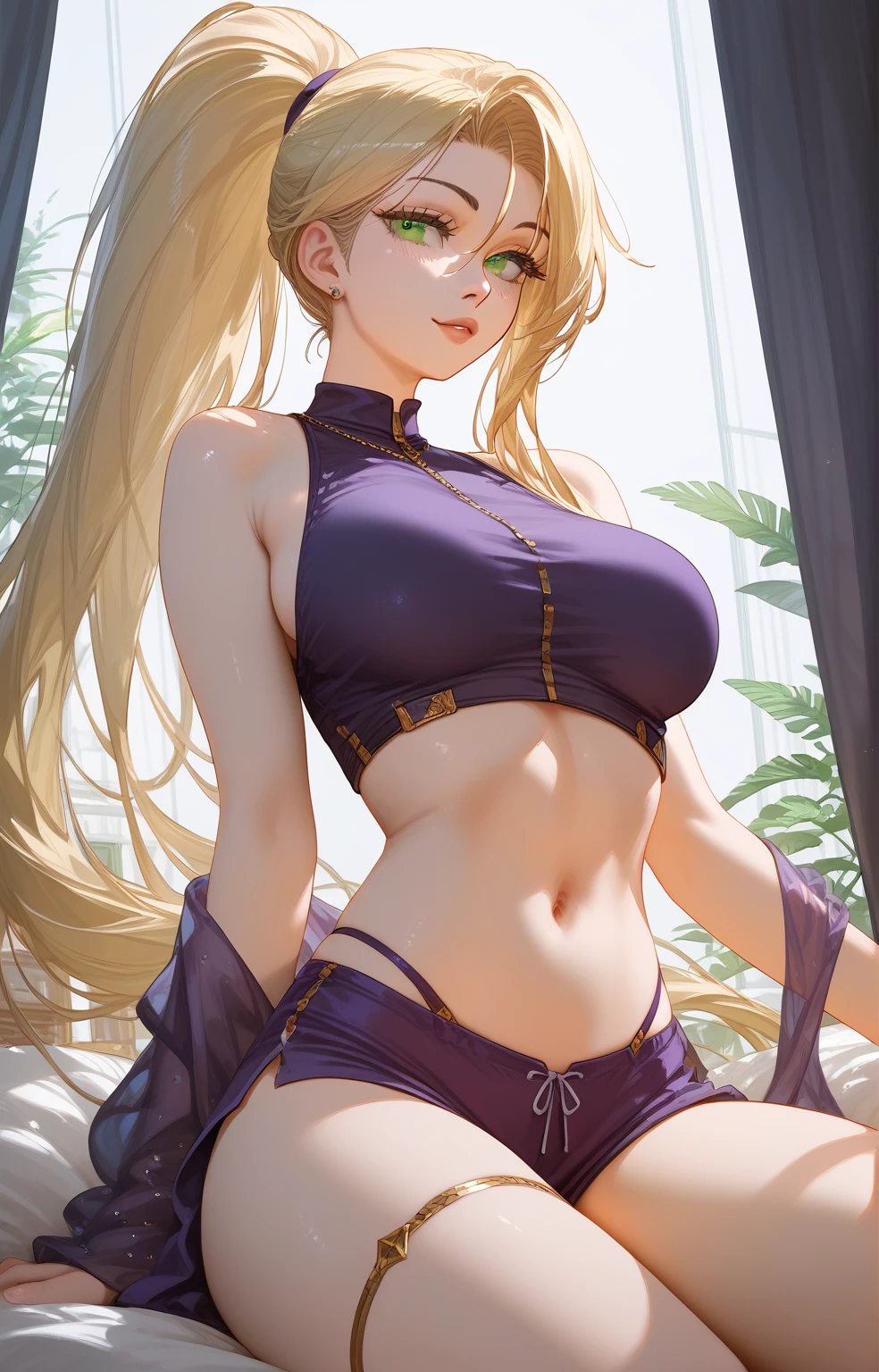 (score_9, score_8_up, score_7_up, score_6_up, score_5_up, score_4_up), masterpiece, best quality, high_resolution, 8k, UHD, 1girl, detailed, extremely detailed, best anatomy, (large breasts), indoor, long hair, blonde hair, high ponytail, green eyes, sleeveless, purple clothes, navel, bottomless, lustful eyes, seductive look, 