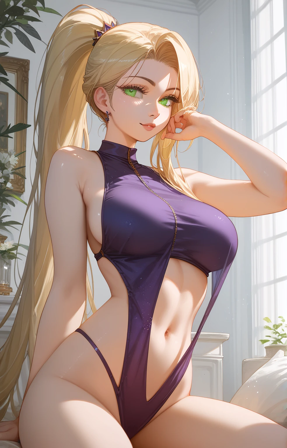 (score_9, score_8_up, score_7_up, score_6_up, score_5_up, score_4_up), masterpiece, best quality, high_resolution, 8k, UHD, 1girl, detailed, extremely detailed, best anatomy, (large breasts), indoor, long hair, blonde hair, high ponytail, green eyes, sleeveless, purple clothes, navel, bottomless, lustful eyes, seductive look, 