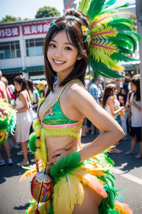 Japanese cute girl wearing a samba costume in the carnival, dancing, Carnival costume, (((Big feather samba decoration on the ba...