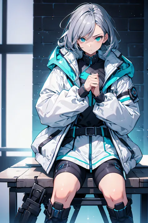 (tabletop:1.2, highest quality),  [one girl, expressionless, turquoise eyes, gray hair, half shortcut,white jacket,the jacket co...