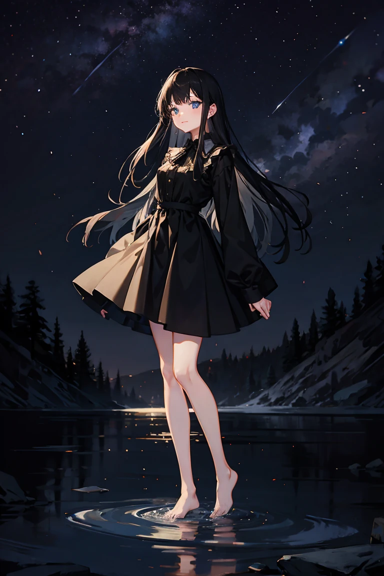 girl (Full Body ), forest, lake, long black dress, highly detailed, rest, clear sky, stars, night, vibrant, bright insect lights, vivid scene 