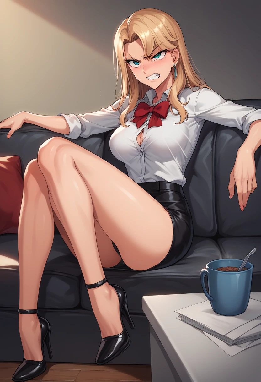 1girl, Reika Kurashiki, Reika Kurashiki from Saimin Seishidou, angry expression, siting on couch, in personal office, sunset lightning, (((wearing red pencil skirt with red office shirt with white undershirt with red high heels and stockings))), ((extremely big breasts, extremely wide hips, extremely big ass)),