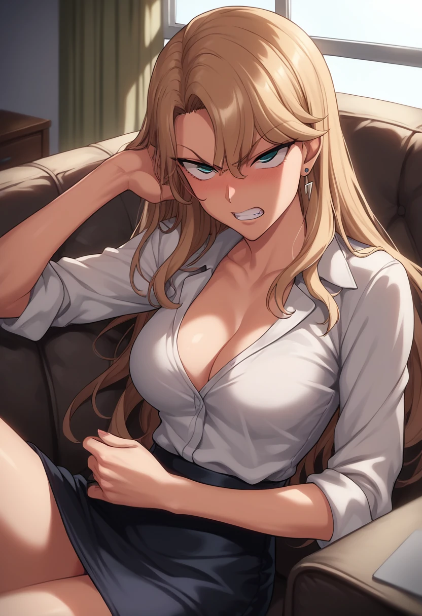 1girl, Reika Kurashiki, Reika Kurashiki from Saimin Seishidou, angry expression, siting on couch, in personal office, sunset lightning, (((wearing red pencil skirt with red office shirt with white undershirt with red high heels and stockings))), ((extremely big breasts, extremely wide hips, extremely big ass)),