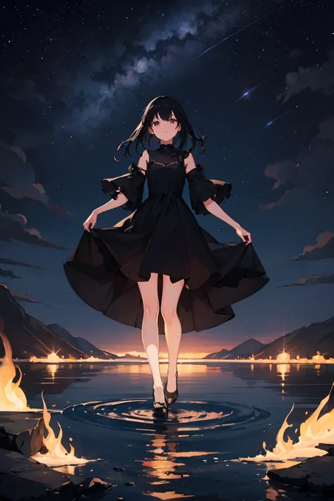 girl (full body ), fobreak, lake, long black dress, very detailed, break, clear sky, stars, a night, vibrant, bright insect ligh...