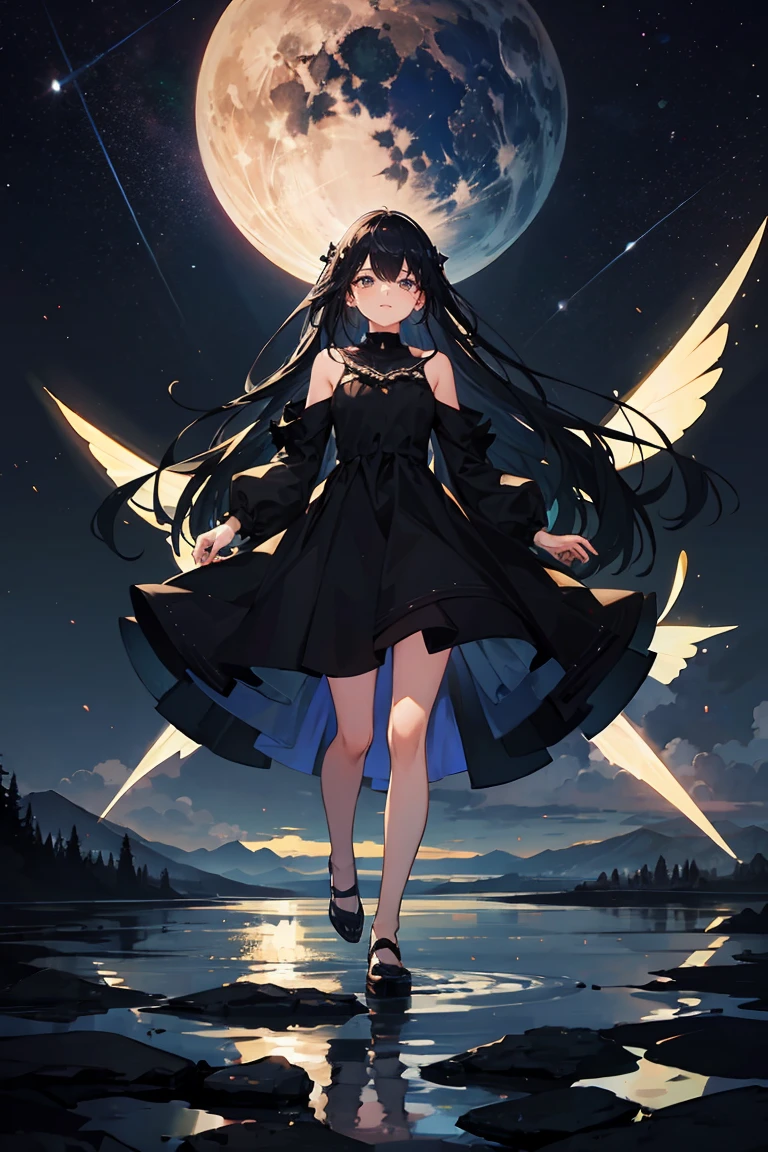 Girl (Full body ), fobreak, lake, long black dress, Very detailed, break, clear sky, stars, a night, vibrant, Bright insect lights, Live scene 