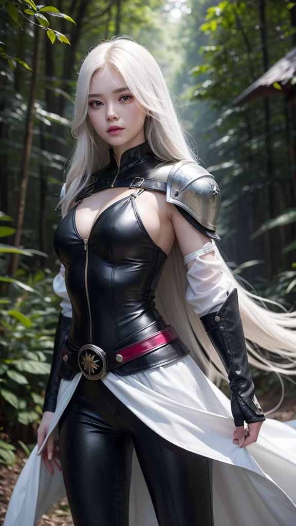  4k, Canon EOS R3, hdr, sharp focus, high resolution, award winning photo, 80mm, f2.8, bokeh. Beautiful woman girl. Long white hair, cute facial features, white skin, Fantasy World. Adventurer style with armor on the shoulders and arms (ruby). Ideal slim body with an hourglass figure. In the forest. Clothes are visible from head to toe. Tight-fitting leather pants and armor (with ruby).