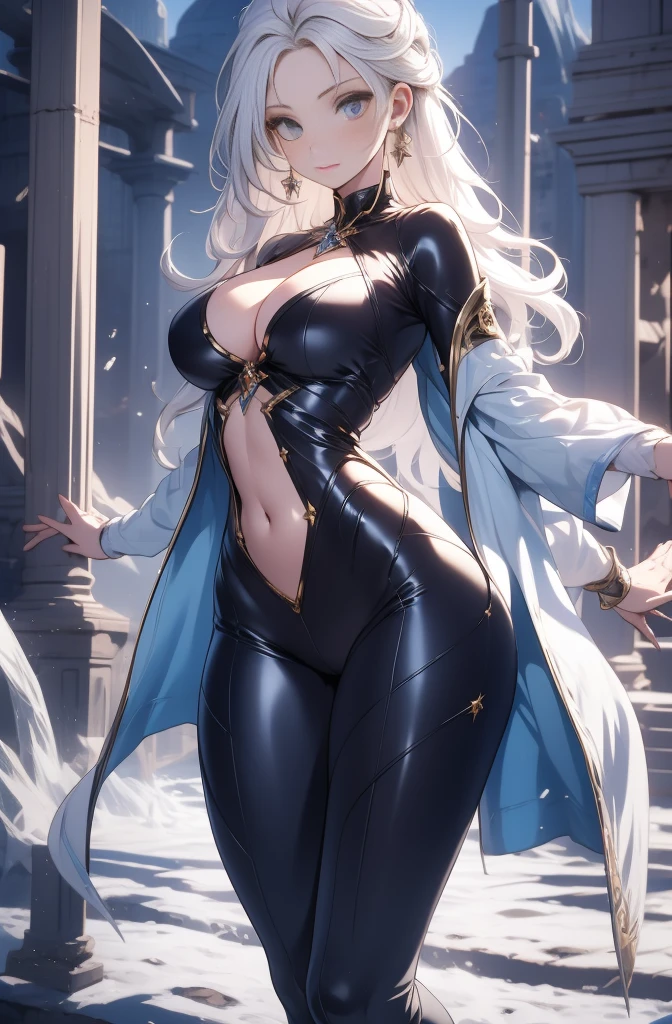 female, solo, young, sexy body, voluptuous figure, tightsuit, white hair, decolored blonde hair, ice effects around, ice queen, beautifull face, long hair, defined body, yellow and bright eyes, thick legs, strong legs, tall, Voluptuous legs, huge ass, big hip, big ass, female sorcerer, blue and black robes,