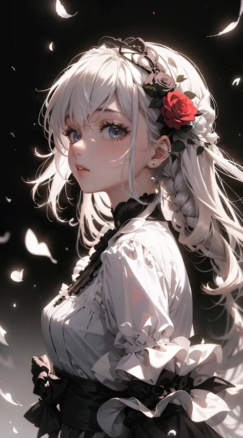 teen girl，withered roses , the petals are flying，gothic，white hair，فرط الaccuracy，accuracy，provide details，（accurate facial imag...