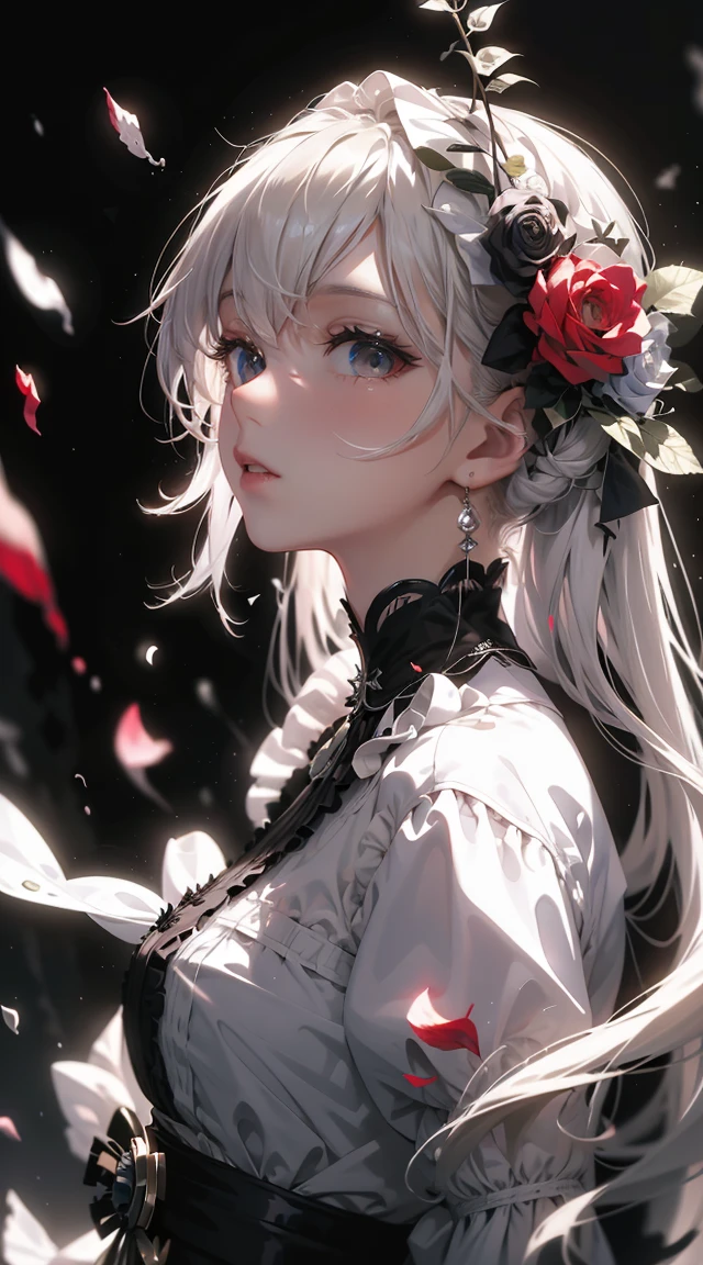 Teen girl，Withered roses , The petals are flying，Gothic，White hair，فرط الAccuracy，Accuracy，Provide details，（Accurate facial imaging）（Beautiful hair photography）（Highest quality）（Masterpieces of masters）（high degree of completion）（A feeling of atmosphere）featuring.tmasterpiece，Very detailed（Half-body image）anime style