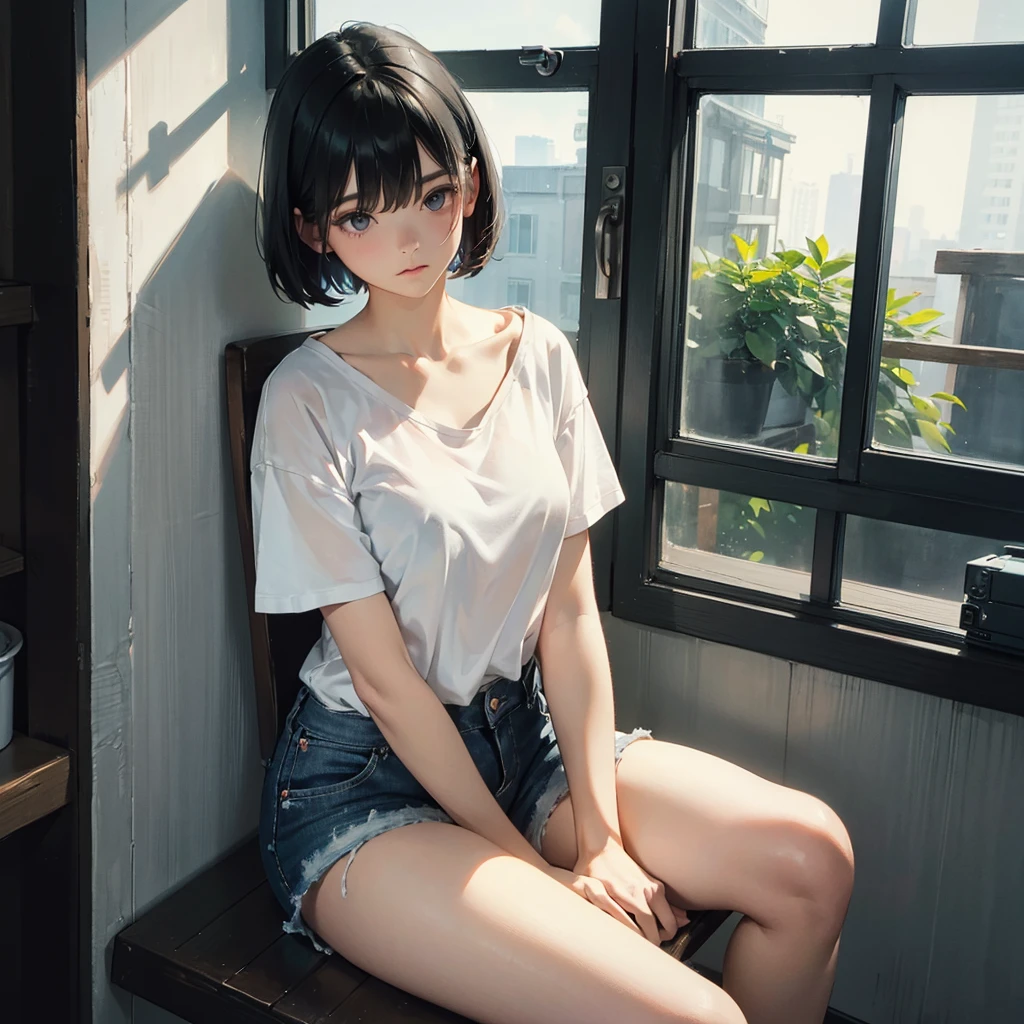 ( Highest quality, Ultra-high resolution)、girl、Black Hair、Bob Hair、melancholy、Staring out the window、A simple white T-shirt with a loose fit around the neck、Shorts、Near large windows、indoor、Sit sloppily、Outside the window it&#39;s bright, blue sky、The room is dark、praise, takato yamamoto style