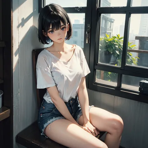 ( Highest quality, Ultra-high resolution)、girl、Black Hair、Bob Hair、melancholy、Staring out the window、A simple white T-shirt with...
