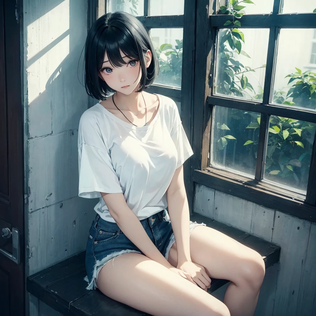 ( Highest quality, Ultra-high resolution)、girl、Black Hair、Bob Hair、melancholy、Staring out the window、Large Breasts、A simple white T-shirt with a loose fit around the neck、Shorts、Near large windows、indoor、Sit sloppily、Outside the window it&#39;s bright, blue sky、The room is dark、praise