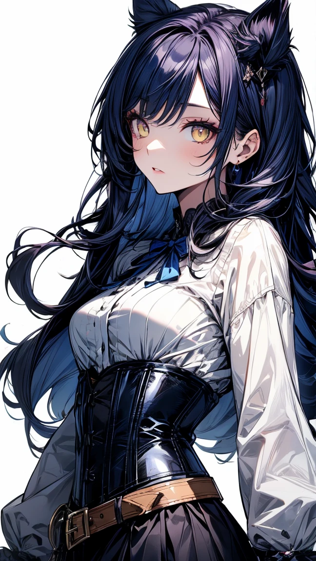 A female human-cat hybrid with dark blue hair that fades into indigo thats half up half down, yellow eyes with cat pupils, pale skin. She typically wears a white shirt, black corset, a black skirt, white belt, magenta and lilac striped tights