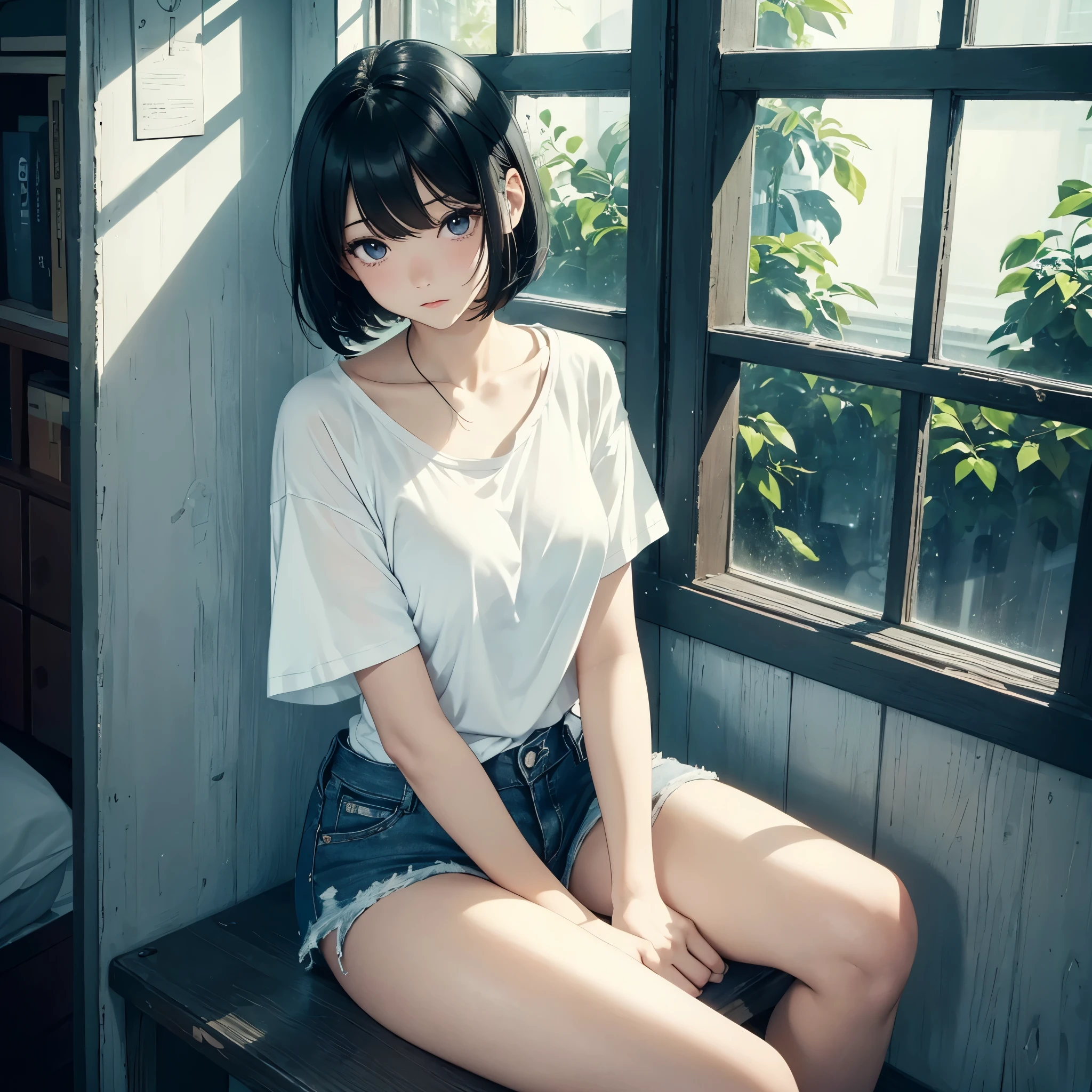 ( Highest quality, Ultra-high resolution)、girl、Black Hair、Bob Hair、melancholy、Staring out the window、Large Breasts、A simple white T-shirt with a loose fit around the neck、Shorts、Near large windows、indoor、Sit sloppily、Outside the window it&#39;s bright, blue sky、The room is dark、praise