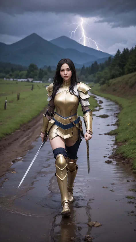 Masterpiece, best quality, 1girl, A beautiful girl, she is a knight in a full body armor, gold armor,  a longsword in her hand, ...