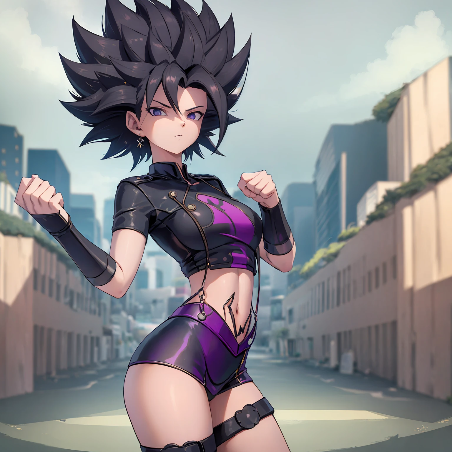 1girl, short hair, black hair, spiked hair, purple eyes, short blue jacket with capsule corporation logo, blach shirt, short black skirt, bike shorts, purple, fingerless gloves, solo, perfect lighting, shadows, outdoors, looking at viewer, serious and expressionless face, standing alone, full body, great detail , detailed eyes, hdr, 8k, ultra realistic, (beautiful detailed eyes), (detailed light), ((intricate detail)), (high resolution), ((illustration)), (((masterpiece)) ) , ((best quality)), (high resolution).