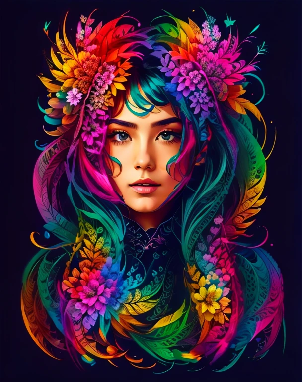 fractal art, zentangle,1 girl, feathers, flowers, dynamic pose, colorful, abstract background, masterpiece,  official art, highest detailed