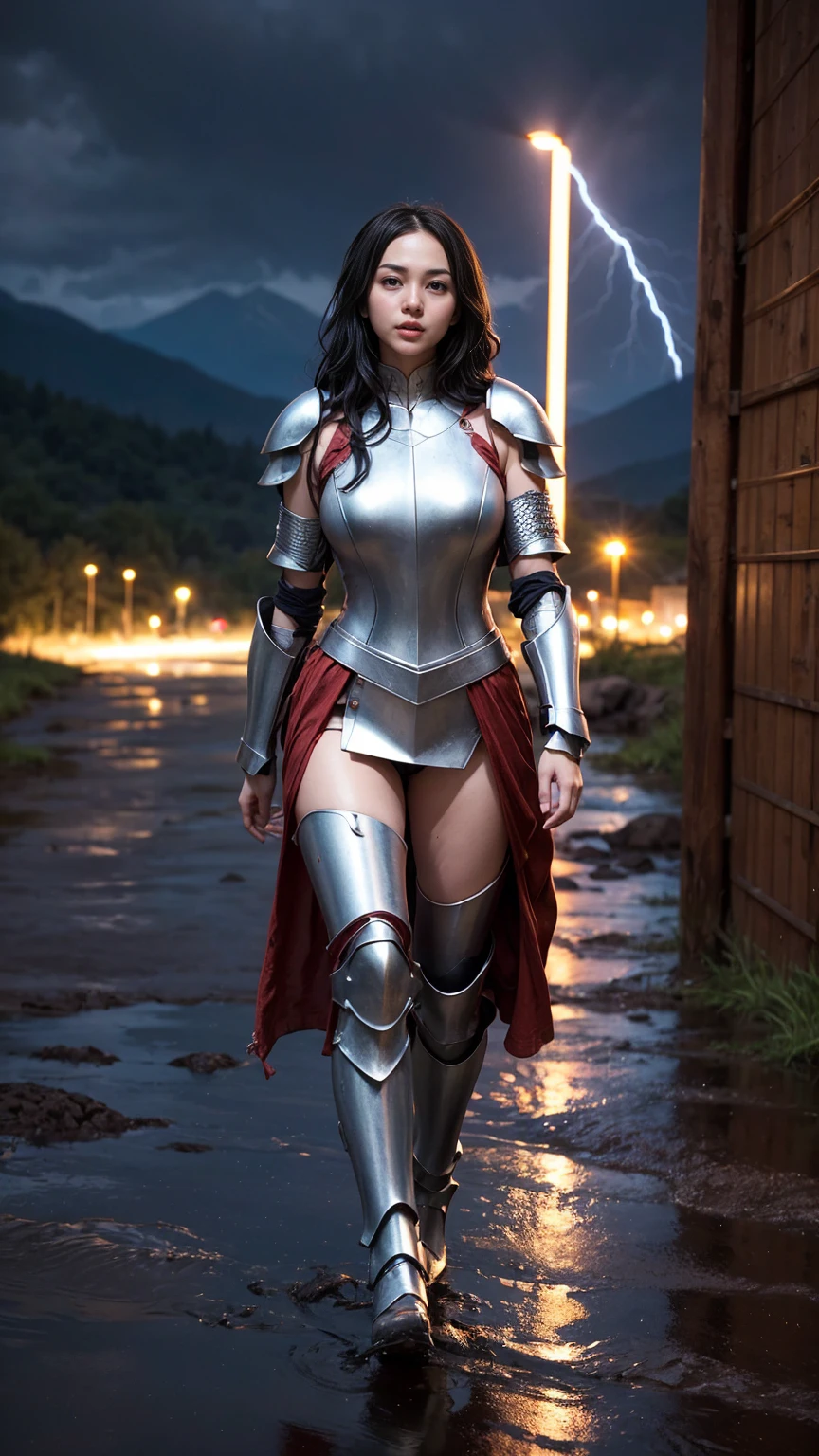 Masterpiece, best quality, 1girl, A beautiful girl, wavy hair, wet hair, she is a knight in a full body armor, gold armor,  a longsword in one of her hand, is now walking back from battlefield, few skin wounds, scratched armor, pouring rain, lightning. Expansive view in the background, mountains, grey cloud, muddy footpath, cinematic lights, epic lights reflection,