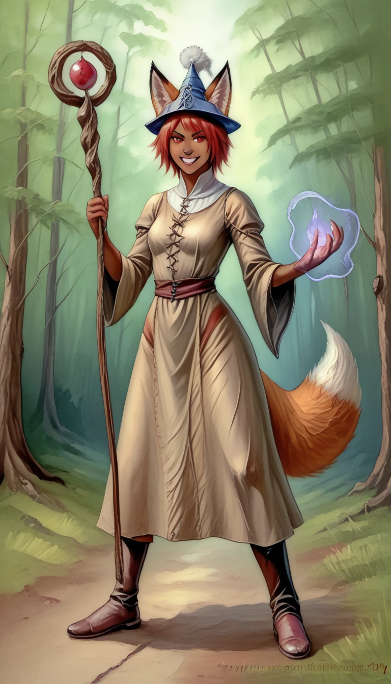 (zPDXL2),  score_9_up, painterly, faux traditional media, realistic, BREAK
1girl, solo, fullbody, (fox:1.2), (short hair), red eyes, grin, (fox ears, fox tail), tanned skin, medieval, fantasy, sorcerer robe, sorcerer hat, holding magic staff, action pose, battlefield, forest background, BREAK
AissistXLv2, unaestheticXL_bp5, SimplePositiveXLv2, zPDXL2 PonyXLV6_Scores