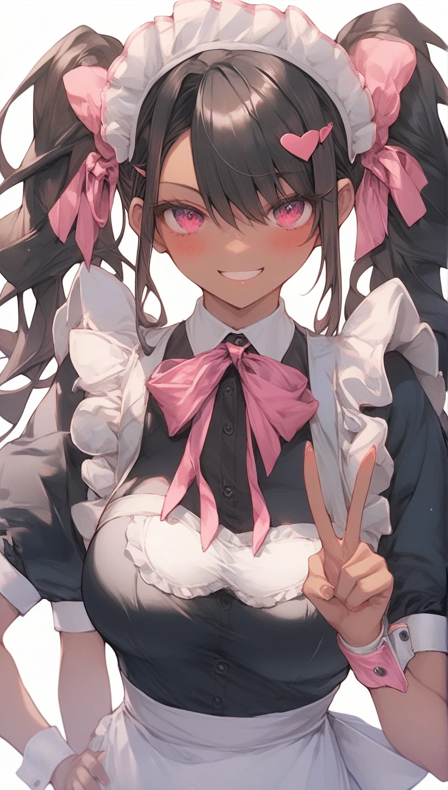 score_9,score_8,score_7,score_8_up,score_7_up、girl with a pink dress and black top pose like a maid, holding up and pointing, 1girl, solo, maid headdress, breasts, maid, apron, :3, large breasts, hair ornament, wrist cuffs, black hair, looking at viewer, hand on hip, twintails, blush, multicolored hair, v, short sleeves, dark skin