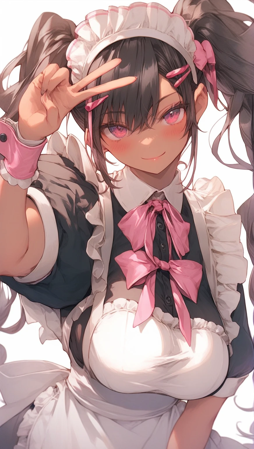 score_9,score_8,score_7,score_8_up,score_7_up、girl with a pink dress and black top pose like a maid, holding up and pointing, 1girl, solo, maid headdress, breasts, maid, apron, :3, large breasts, hair ornament, wrist cuffs, black hair, looking at viewer, hand on hip, twintails, blush, multicolored hair, v, short sleeves, dark skin