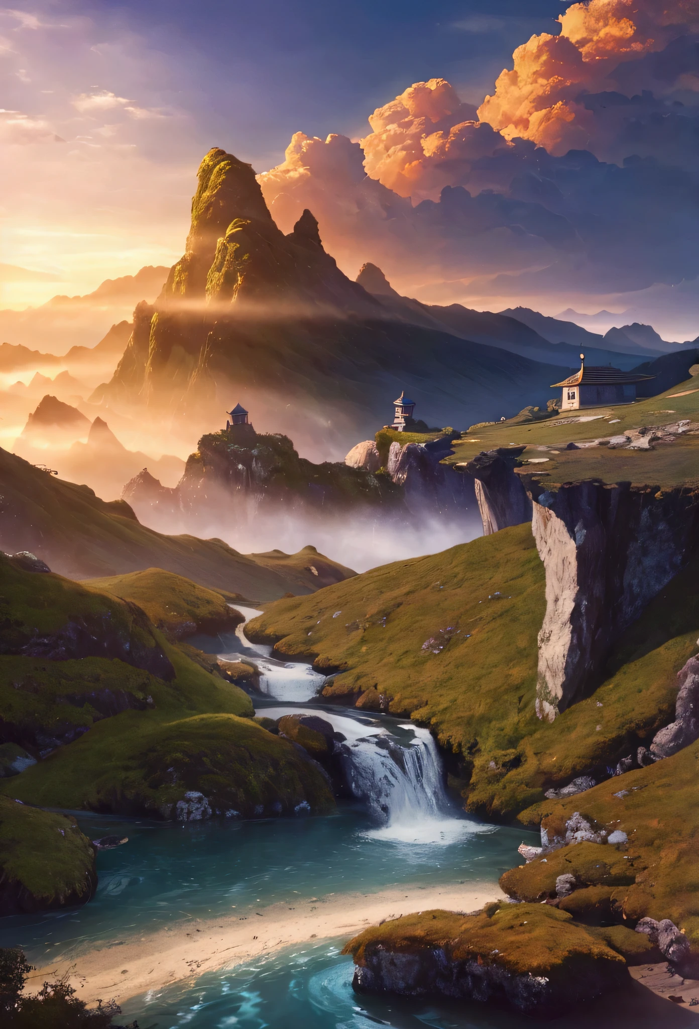 a beautiful vista from the top of the lookout, flying islands and serpent dragons soaring in the distance, a beautiful painting and an image that conveys a sense of peace and harmony, a stream below in the highlands, (best quality,4k,8k,highres,masterpiece:1.2),ultra-detailed,(realistic,photorealistic,photo-realistic:1.37),digital art,landscape painting,fantasy landscape,serene,peaceful,idyllic,dramatic lighting,vibrant colors,glowing skies,intricate details,ethereal atmosphere,mystical elements,flowing water,lush foliage