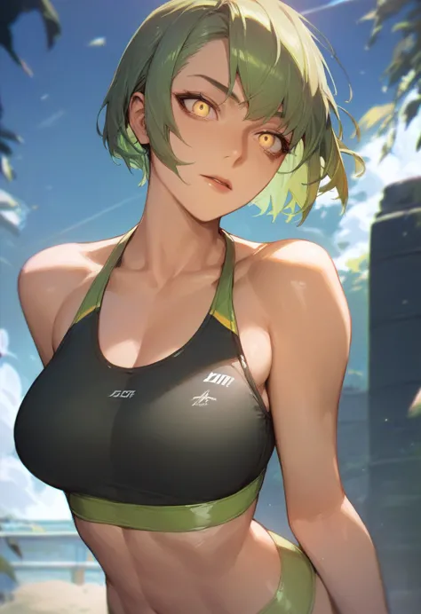 score_9, score_8, score_8_up, 1girl, short hair, green hair, yellow eyes, sports bikini