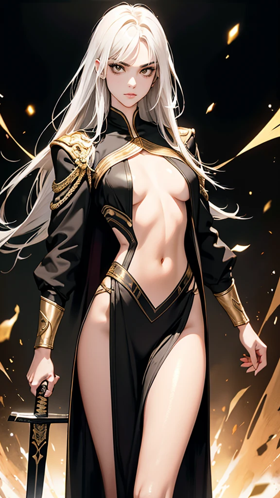 （lifelike， high - resolution：1.3）， 1 girl with a slender body， slender body, Super fine face and eyes，( golden color eyes), smokey look, handsome,  annoyed, ahoge, full lips,  tall girl,  pale skin, dark makeup, shiny skin， blunt bangs, (very long white hair), (ebony armor, suit jacket, ,   gold trim)，small breasts,, ( intricate curved sword, gold trim) , wielding sword, shiny skin, narrow hips, skinny, flat chest

