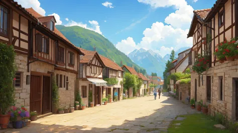 Medieval Europe、Small village、Preparations for the festival、Bustling、Streetscape、Fantasy、Fantasy、Daytime、Gorgeous