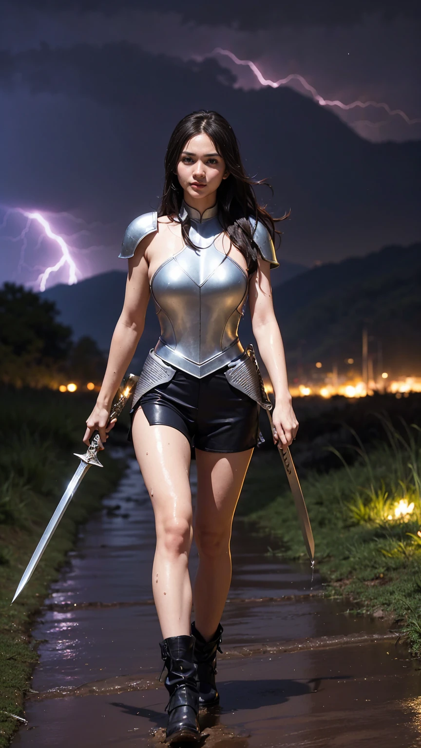 Masterpiece, best quality, 1girl, A beautiful girl, fit body, tall, she is a knight in a full body armor, tight bodyshape armor, golden plated armor,  ((a longsword in her hand)), is now walking back from battlefield, few skin wounds and  skin scratches, pouring rain, ((lightnings storm)), wavy hair, ((wet hair)), some hair covering her face, tired face. Expansive view in the background, mountains, grey cloud, muddy footpath, cinematic lightings, 