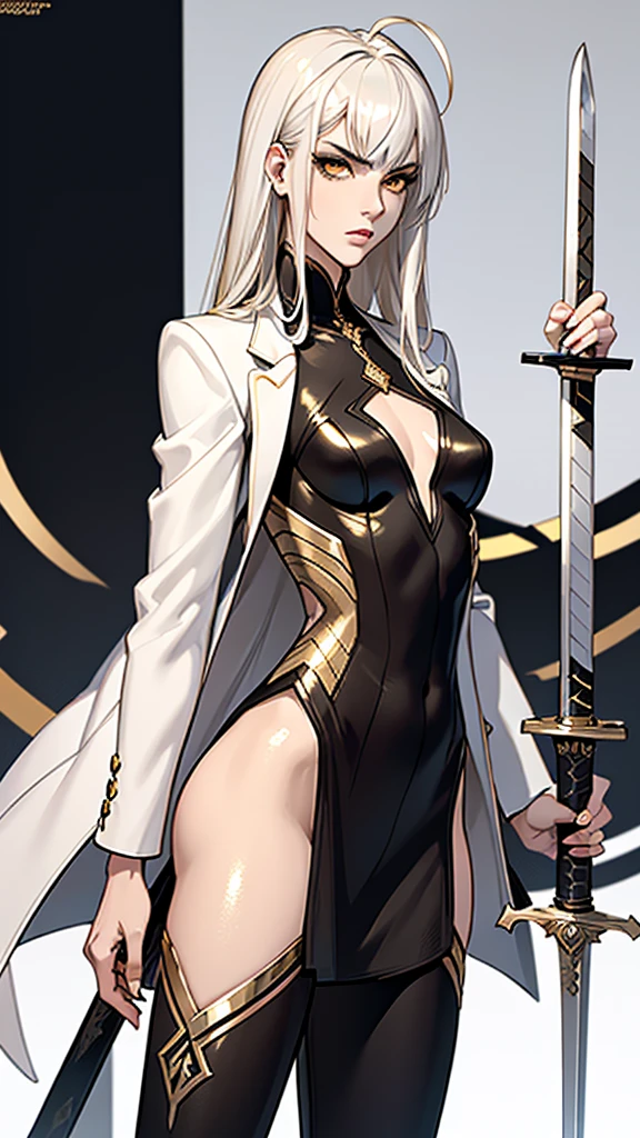 （lifelike， high - resolution：1.3）， 1 girl with a slender body， slender body, Super fine face and eyes，( golden color eyes), smokey look, handsome,  annoyed, ahoge, full lips,  tall girl,  pale skin, dark makeup, shiny skin， blunt bangs, (very long white hair), (ebony armor, suit jacket, ,   gold trim)，small breasts,, ( intricate curved sword, gold trim) , wielding sword, shiny skin, narrow hips, skinny, flat chest

