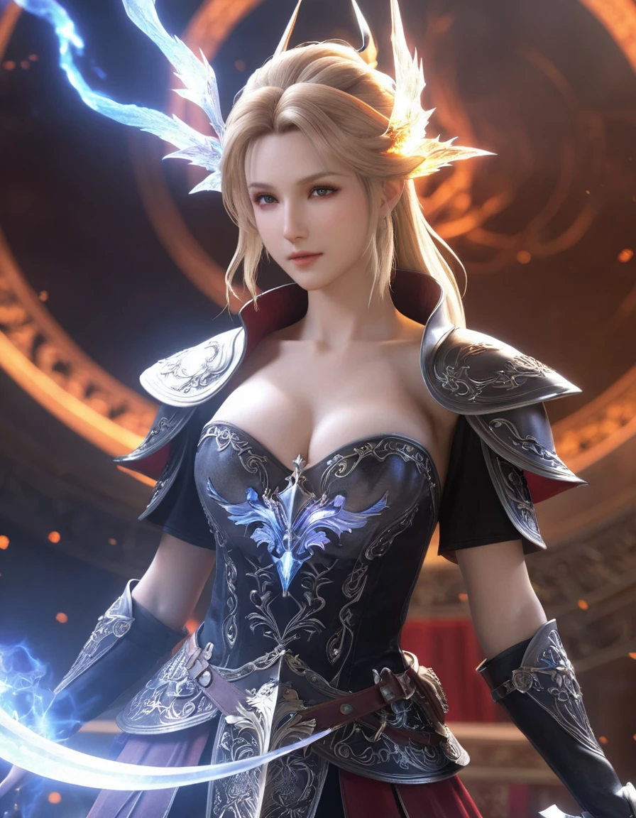 (8k, Highest quality, masterpiece, Final Fantasy Style: 1.2), (Realistic, photoRealistic: 1.37), Very detailed, One Girl, {Light-bearing Black Mage}, Wide viewing angles, Large, firm, swaying bust、Big Breasts：1.8, Very delicate depiction, Miniature Painting, Facial detailing, Detailed depiction of hair, Accurate skeleton, Intricately patterned dress, Complex Armor, Long and thick sword,dream-like,Ultra-realistic mixed fantasy world,A fusion of realistic and fantastical elements,Magical Effects,(Magic Circle on the ground, Casting a Spell, Swirling Magic, Particles of light),Dynamic Light,red,fire, red fire eyes,elegant,Rays of Sin,dark,(Dark Magic), (strict), The battle between good and evil, (Swirling Flames:1),universe, lightning, 噴fire, magic circle, Complex patterns, Phoenix, Shiva, Giant, Leviathan, (Giant Mother Crystal:1.2)