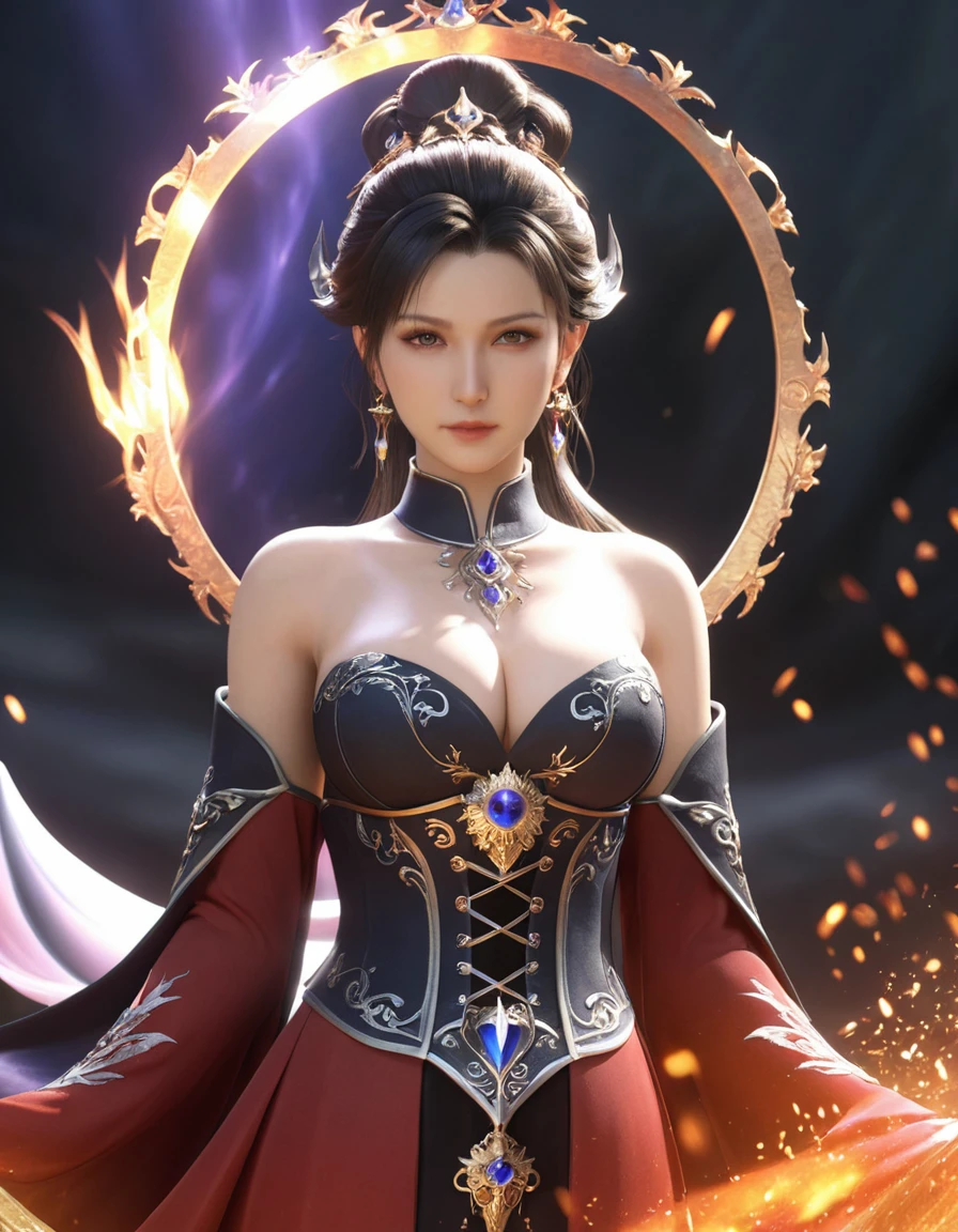 (8k, Highest quality, masterpiece, Final Fantasy Style: 1.2), (Realistic, photoRealistic: 1.37), Very detailed, One Girl, {Light-bearing Black Mage}, Wide viewing angles, Large, firm, swaying bust、Big Breasts：1.8, Very delicate depiction, Miniature Painting, Facial detailing, Detailed depiction of hair, Accurate skeleton, Intricately patterned dress, Complex Armor, Long and thick sword,dream-like,Ultra-realistic mixed fantasy world,A fusion of realistic and fantastical elements,Magical Effects,(Magic Circle on the ground, Casting a Spell, Swirling Magic, Particles of light),Dynamic Light,red,fire, red fire eyes,elegant,Rays of Sin,dark,(Dark Magic), (strict), The battle between good and evil, (Swirling Flames:1),universe, lightning, 噴fire, magic circle, Complex patterns, Phoenix, Shiva, Giant, Leviathan, (Giant Mother Crystal:1.2)