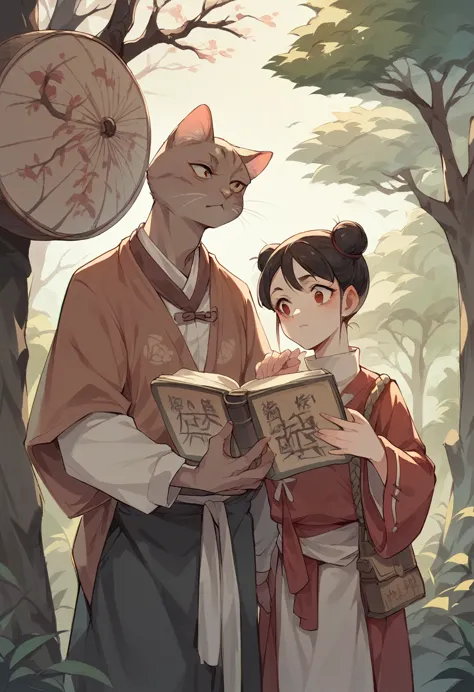 Xiaomei sits under an ancient locust tree，Holding a book in his hand，Next to it is a napping cat，Miyazaki style，Anime style