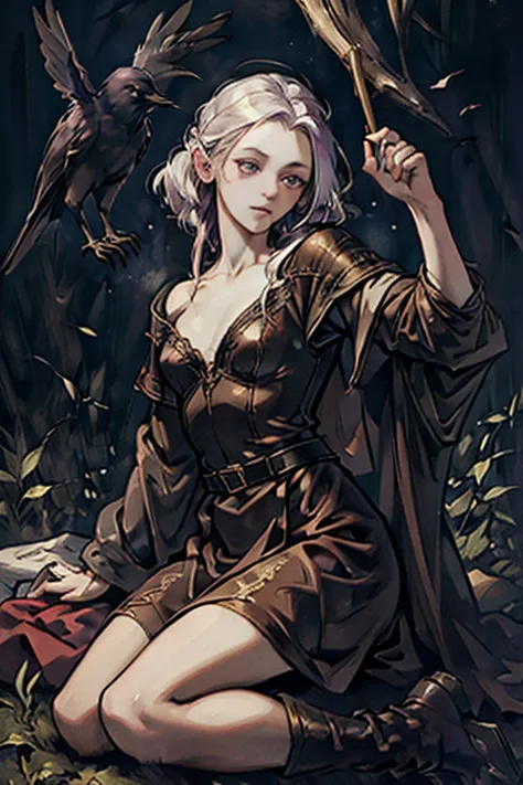 (playing with a raven:1.4),((ultra realistic illustration:1.2)),(dark fantasy:1.4), In a mystical forest. Beautiful Elven mage. ...