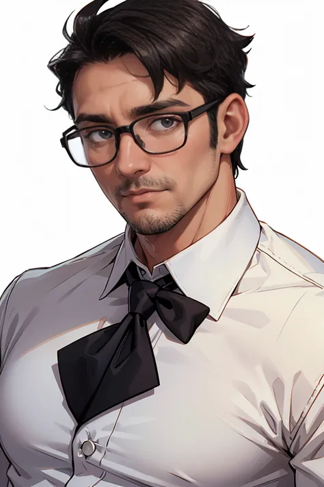 A 40-year-old man, White Button-Down Shirt, Glasses, Black Tie, headmaster