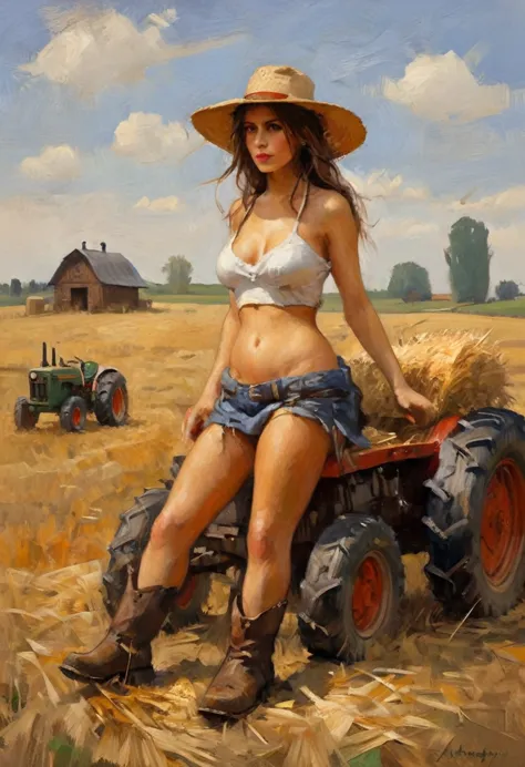 high resolution, high quality, masterpiece, young woman sitting on a hay bale, farm girl, wearing nothing but a sun hat and farm...