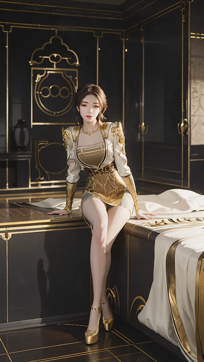 
best quality，masterpiece，Final Solution，Fluffy，Colorful，Mature beautiful woman，Sitting against the wall，Long legs，Wearing pure gold high heels，In the bedroom，Wearing a golden hip skirt，full-body shot