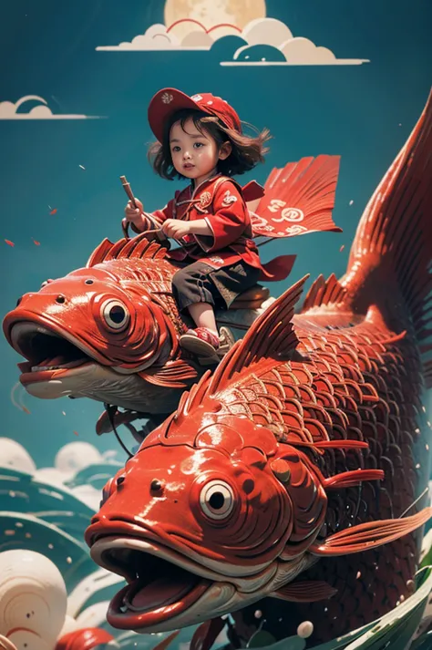 1 girl,redfish,child,chinese clothing,masterpiece,best quality,extremely detailed,riding,