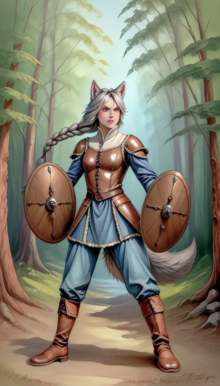 (zPDXL2),  score_9_up, painterly, faux traditional media, realistic, BREAK
1girl, solo, fullbody, (wolf:1.2), (long braided hair), grey eyes, (wolf ears, wolf tail), pale skin, medieval, fantasy, warrior leather clothes, holding sword and shield, action pose, battle pose, damaged, forest background, BREAK
AissistXLv2, unaestheticXL_bp5, SimplePositiveXLv2, zPDXL2 PonyXLV6_Scores