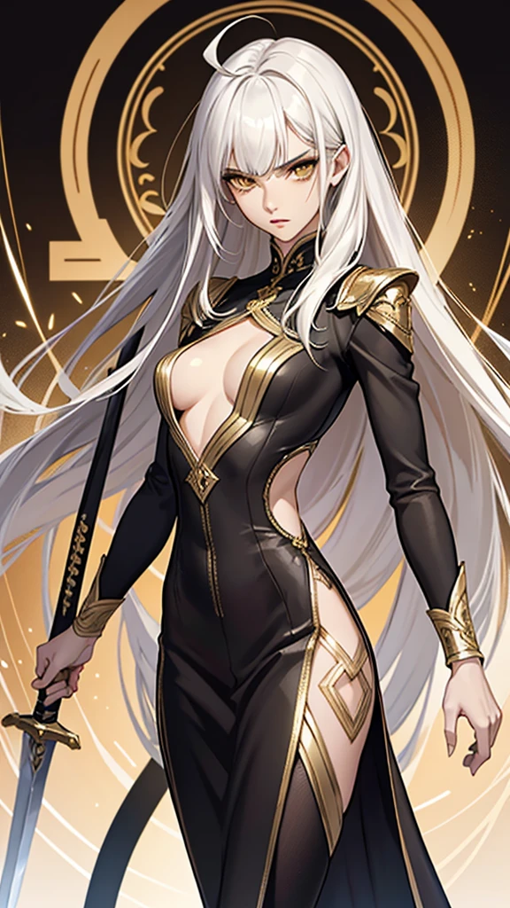 （lifelike， high - resolution：1.3）， 1 girl with a slender body， slender body, Super fine face and eyes，( golden color eyes), smokey look, handsome,  annoyed, ahoge, full lips,  tall girl,  pale skin, dark makeup, shiny skin， blunt bangs, (very long white hair), (ebony armor, suit jacket, ,   gold trim)，small breasts,, ( intricate curved sword, gold trim) , wielding sword, shiny skin, narrow hips, skinny, flat chest

