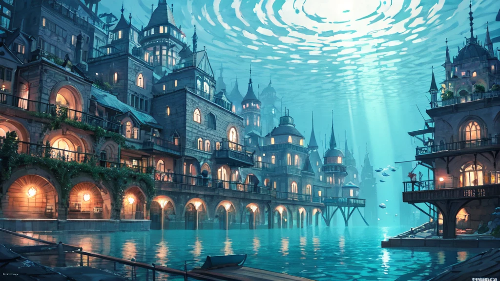 Submerged city, underwater opera house, illustration, nostalgic, underwater, water city, vivid, background only, bright, underwater