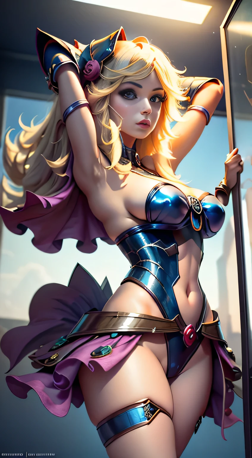 NSFW dark magician girl, glass cover, Upper part of the body, Side shot, Alternative color, Masterpiece, Detailed illustration, realist, Pixiv Top Quality, exquisite, {{{Cute 1dark magician girl}}}, Super beauty merging with the machine., Elaborate shabby chic pattern, Beautiful and bright woman, Half my body is made of machine., Transparent glass body, The inner machine is transparent., cinematic lighting, dynamic angle, dynamic pose, Crystal World, depth of field. Magic macaw at the bottom. magical hearts that show your body from head to toe 