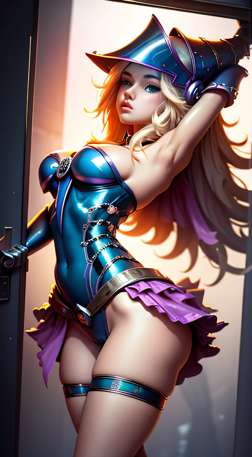 NSFW dark magician girl, cubierta de vidrio, Parte superior del cuerpo, tiro lateral, Color alternativo, obra maestra, Ilustración detallada, realista, pixiv de alta calidad, Exquisito, {{{Cute 1dark magician girl}}}, Súper belleza fusionándose con la máquina., Elaborado patrón shabby chic, Mujer hermosa y brillante, La mitad de mi cuerpo está hecho de máquina.., Cuerpo de vidrio transparente, La máquina interior es transparente.., iluminación cinematográfica, ángulo dinámico, pose dinámica, Mundo de cristal, profundidad de campo. Guacamayo mágico en la parte inferior. Corazones mágicos que muestran tu cuerpo de la cabeza a los pies. 