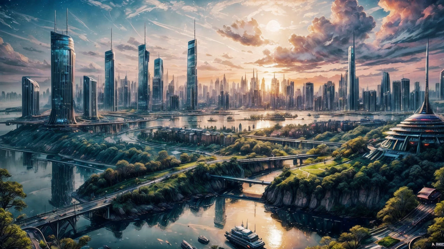 (Best quality,4K,8K,A high resolution,Masterpiece:1.2),Ultra-detailed,(Realistic,Photorealistic,photo-realistic:1.37),Futuristic floating city,Futuristic technology,Huge urban high-tech tablet platform,Airship,Floating in the sky,Futuristic city,Small airships around,High-tech hemispherical platform,Colorful lights,Advanced architecture,modernn architecture,skyscrapper,Access the cloud,Scenic beauty,view over city,Impressive design,Blend seamlessly with nature,energetic and vibrant atmosphere,Futuristic transportation system,Parking is suspended,Transparent path,Lush greenery,Sky gardens,cascading waterfalls,Magnificent skyline,reflections on the water,Sparkling river,Architectural innovation,futuristic skyscrapers,Transparent dome,The shape of the building is unusual,Elevated walkway,Impressive skyline,Glowing lights,Futuristic technology,Minimalist design,Scenic spots,Panoramic view,Cloud Piercing Tower,Vibrant colors,epic sunrise,epic sunset,Dazzling light display,magical ambiance,The future city,Urban Utopia,LuxuryLifestyle,Innovative energy,sustainable development,Smart city technology,Advanced infrastructure,Tranquil atmosphere,Nature and technology live in harmony,Awesome cityscape,Unprecedented urban planning,Architecture connects seamlessly with nature,High-tech metropolis,A cutting-edge engineering marvel,The future of urban living,Visionary architectural concept,Energy-efficient buildings,Harmony with the environment,A city floating above the clouds,Utopian dreams become reality,The possibilities are endless,State-of-the-art transportation network,Green energy integration,Innovative materials,Impressive holographic display,Advanced communication system,Breathtaking aerial view,Quiet and peaceful environment,Modernist aesthetics,Ethereal beauty