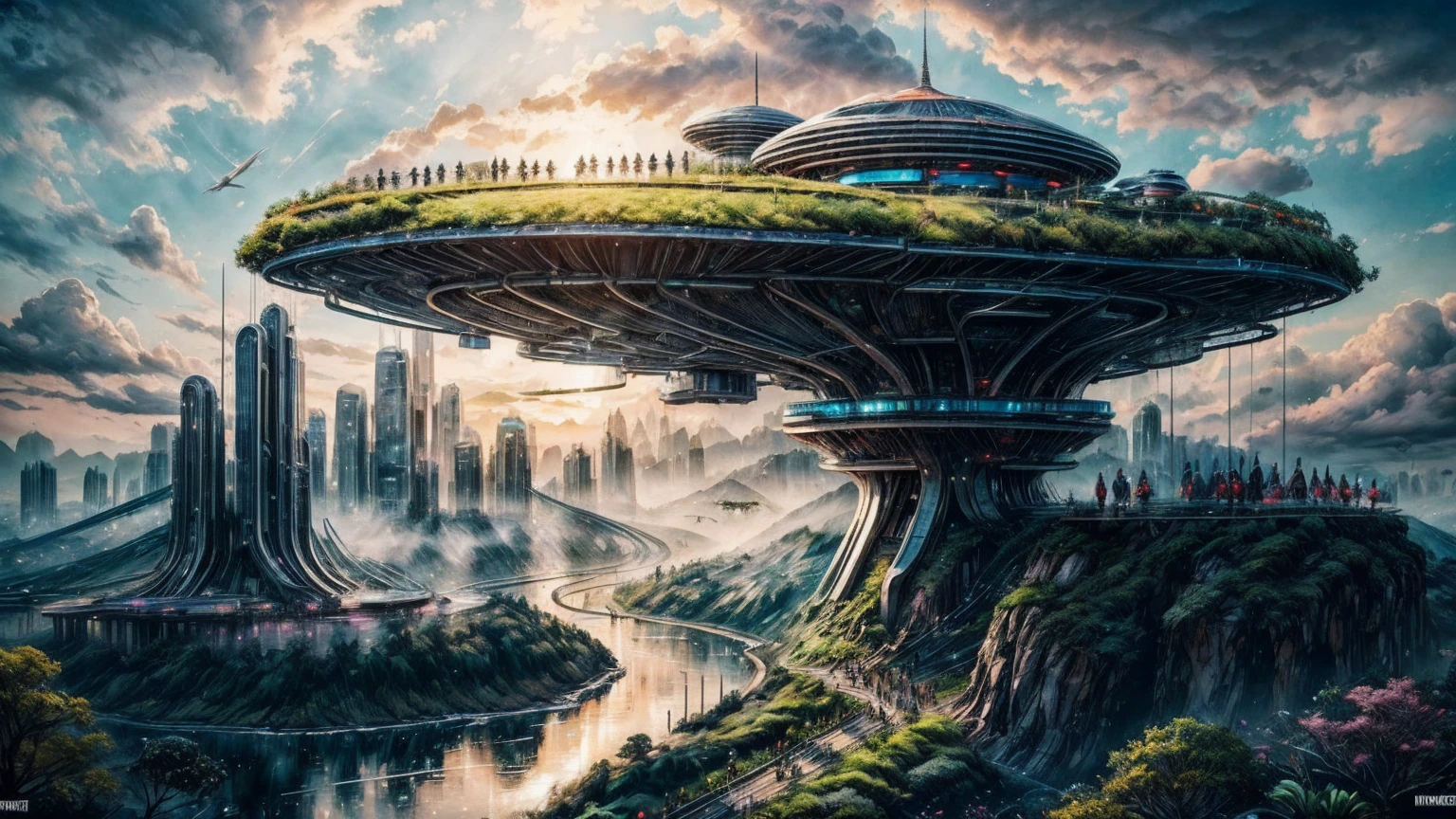 (Best quality,4K,8K,A high resolution,Masterpiece:1.2),Ultra-detailed,(Realistic,Photorealistic,photo-realistic:1.37),Futuristic floating city,Futuristic technology,Huge urban high-tech tablet platform,Airship,Floating in the sky,Futuristic city,Small airships around,High-tech hemispherical platform,Colorful lights,Advanced architecture,modernn architecture,skyscrapper,Access the cloud,Scenic beauty,view over city,Impressive design,Blend seamlessly with nature,energetic and vibrant atmosphere,Futuristic transportation system,Parking is suspended,Transparent path,Lush greenery,Sky gardens,cascading waterfalls,Magnificent skyline,reflections on the water,Sparkling river,Architectural innovation,futuristic skyscrapers,Transparent dome,The shape of the building is unusual,Elevated walkway,Impressive skyline,Glowing lights,Futuristic technology,Minimalist design,Scenic spots,Panoramic view,Cloud Piercing Tower,Vibrant colors,epic sunrise,epic sunset,Dazzling light display,magical ambiance,The future city,Urban Utopia,LuxuryLifestyle,Innovative energy,sustainable development,Smart city technology,Advanced infrastructure,Tranquil atmosphere,Nature and technology live in harmony,Awesome cityscape,Unprecedented urban planning,Architecture connects seamlessly with nature,High-tech metropolis,A cutting-edge engineering marvel,The future of urban living,Visionary architectural concept,Energy-efficient buildings,Harmony with the environment,A city floating above the clouds,Utopian dreams become reality,The possibilities are endless,State-of-the-art transportation network,Green energy integration,Innovative materials,Impressive holographic display,Advanced communication system,Breathtaking aerial view,Quiet and peaceful environment,Modernist aesthetics,Ethereal beauty