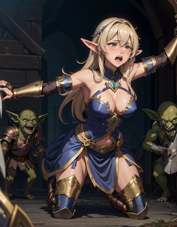 {Highest quality}, {so beautiful}, {Very detailed}, {Best illustrations}, Browsing Caution, 1 mature female, Age 25,(A female paladin surrounded and attacked by three goblins),(Goblin in heat),((Gorgeous Paladin Armor, Arm guard, Leg guards, With a dagger and a small shield)),Dynamic pose, Dynamic Angle, cave,(weak々Kneeling deeply), (cry, anger),belly button, ,(Gorgeous bracelets),Torn clothes, Nipple puffs, Irritation, Pointed Chest, (Besieged by multiple goblins during the battle, Female magician attacked), Kobold, monster, (blush, Are crying), ((Gorgeous Wizard Dress)), (Offensive spells), Dynamic pose, Dynamic Angle, Micro Panties