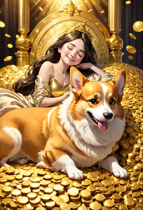 princess and corgi sleeping on a gold bed, calm expression, smile, close eyes, surrounded by gold coins, full of money, perfect ...