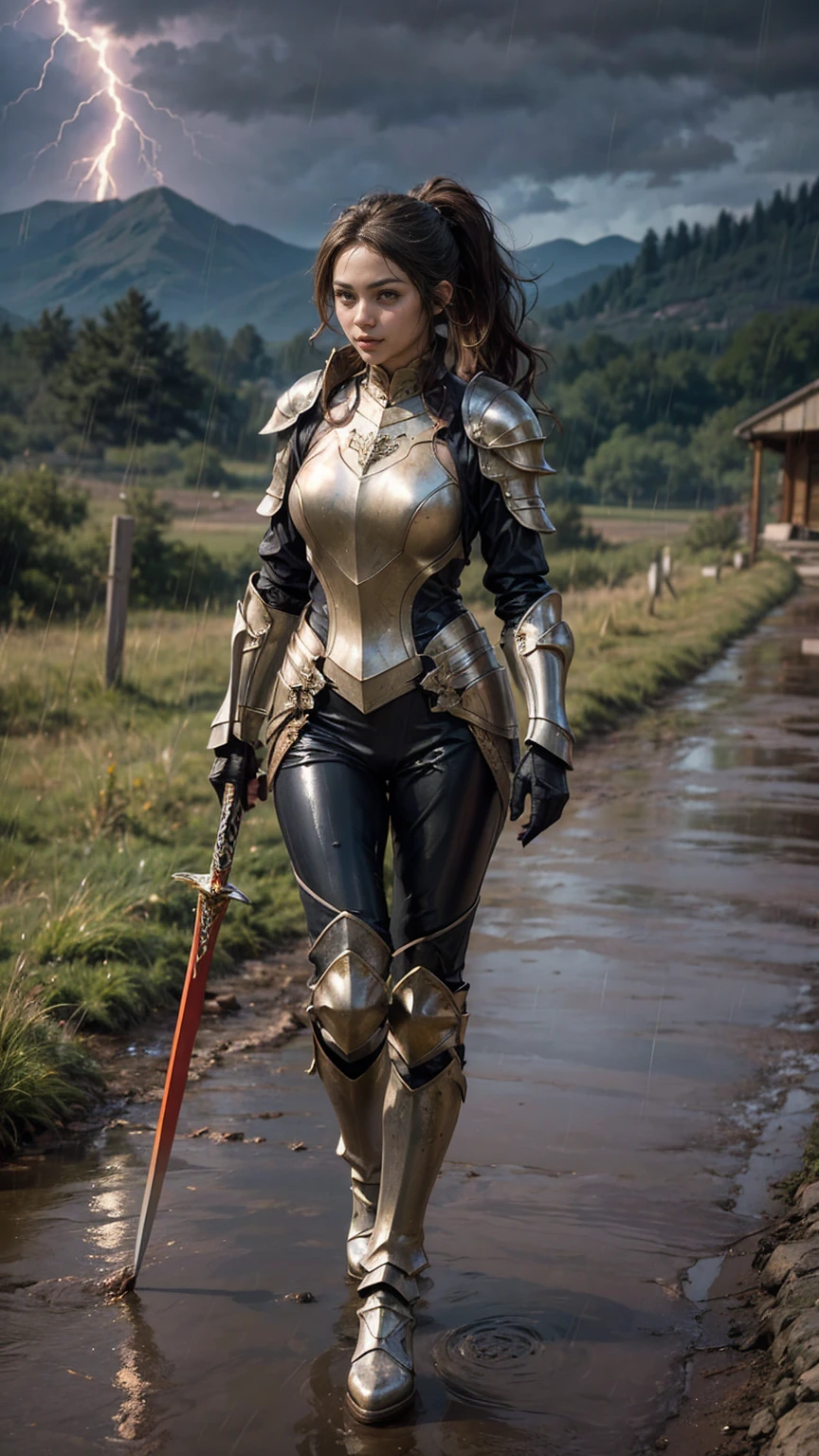 Masterpiece, best quality, 1girl, wavy hair, ponytail, wet hair, hair covering some part of her face, looks tired, A beautiful girl, fit body, tall, she is a knight in a full body armor, tight armor, body shape armor, black latex underwear, gold armor, a longsword in her hand, now walking back from battlefield, few skin wounds, armor scratches, ((pouring rain)), lightnings, storm, winds blowing her hair, Expansive view in the background, mountains, grey cloud, muddy footpath, no house show in the picture, only nature.